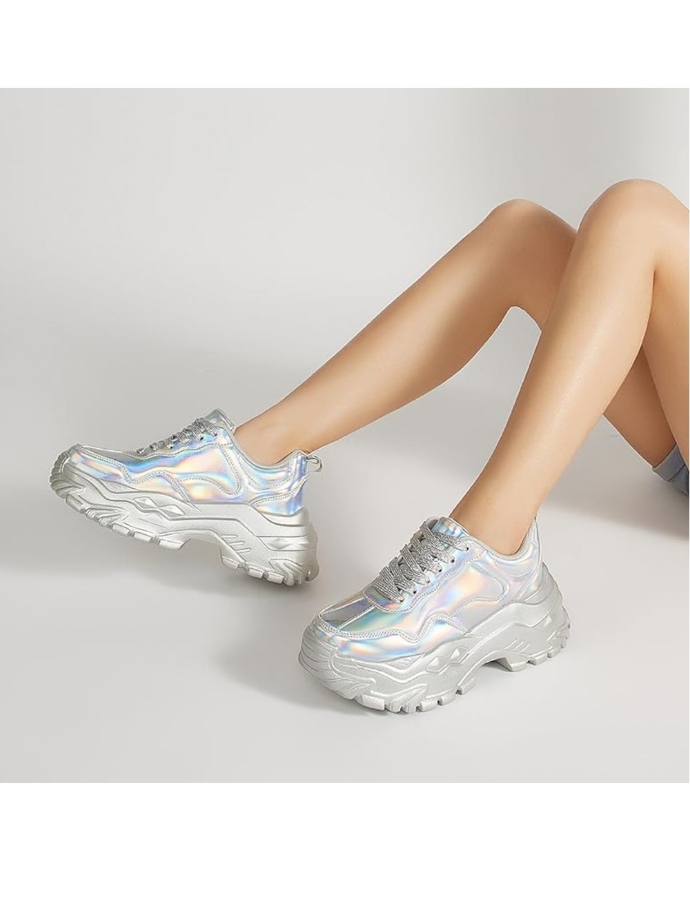 Niluber Chunky Silver Holographic Platform Sneakers size 8.5 3.5" sole Brand New